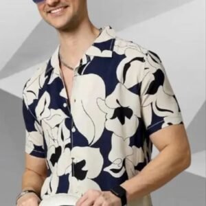 Men's Navy Blue & White Floral Printed Casual Shirt