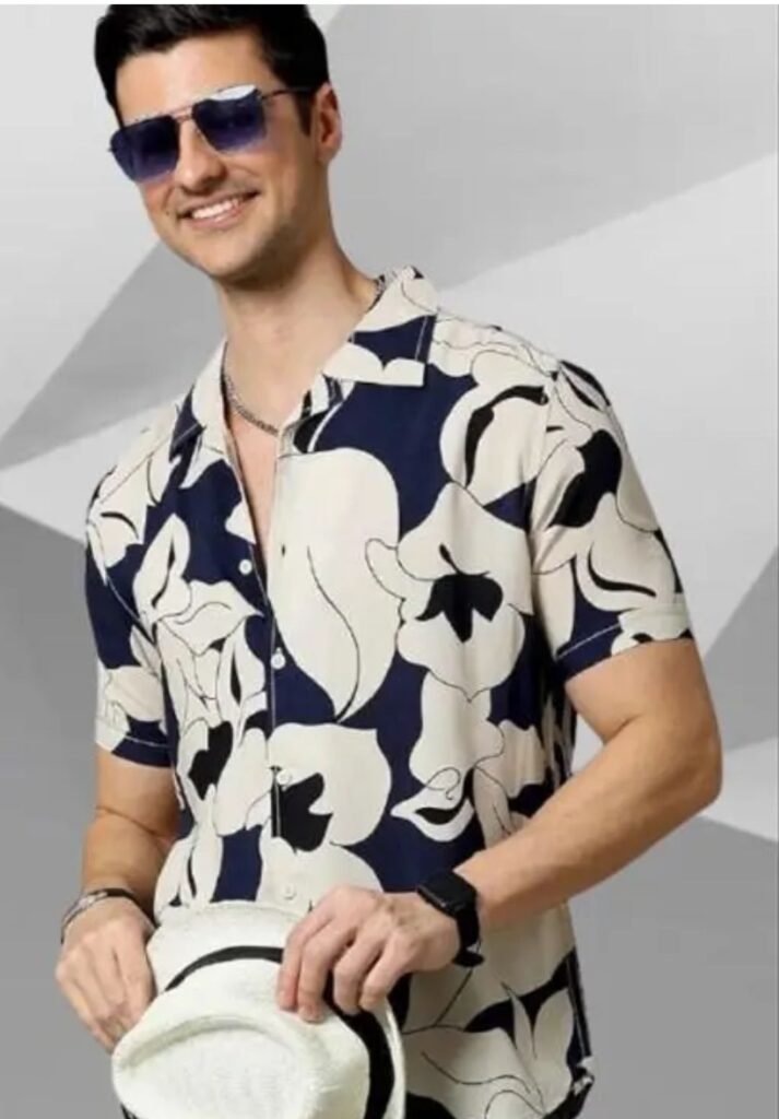 Men's Navy Blue & White Floral Printed Casual Shirt