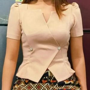 Women's Beige Elegant Wrap-Style Short-Sleeve Top