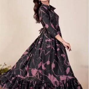 Women's Black & Pink Floral Printed Maxi Dress with Ruffle Hem