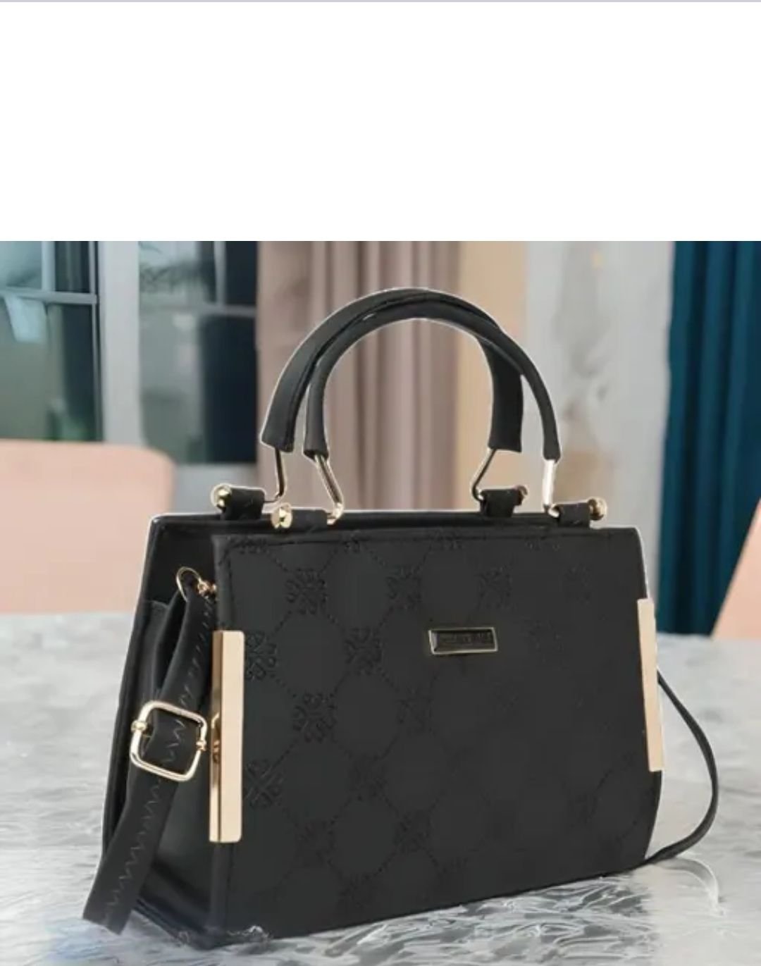 Women's Black Textured Handbag with Shoulder Strap