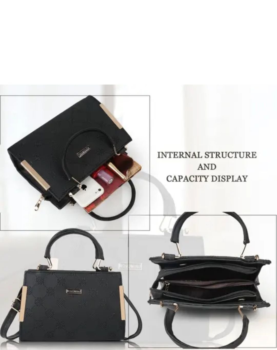 Women's Black Textured Handbag with Shoulder Strap - Image 4