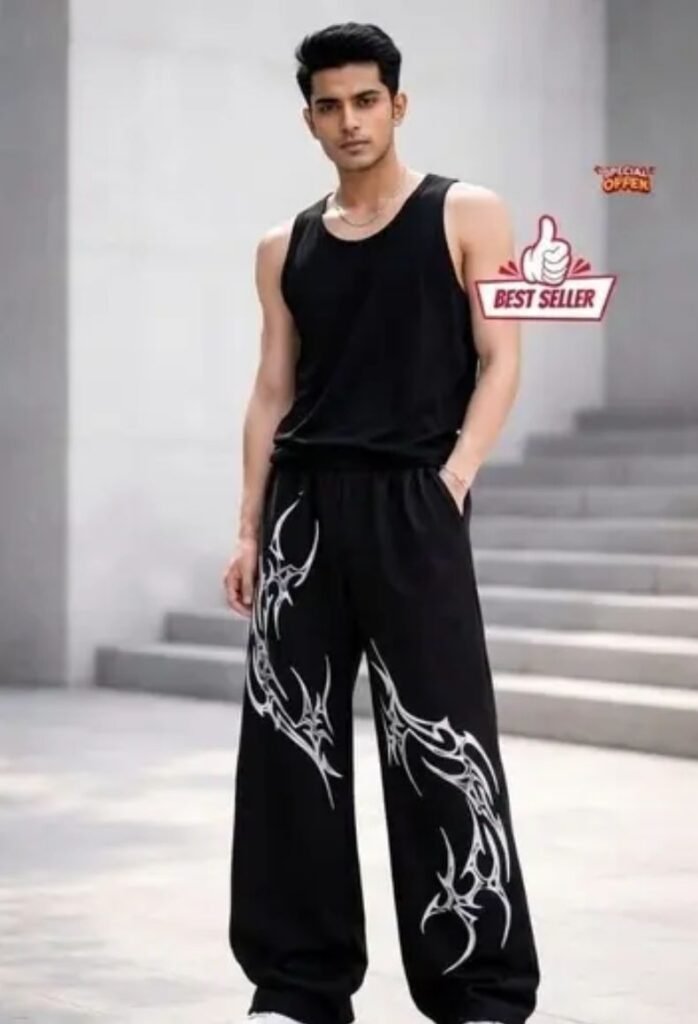 Men's Black Graphic Print Baggy Pants