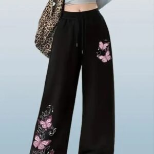 Women's Black Butterfly Embroidered Baggy Pants
